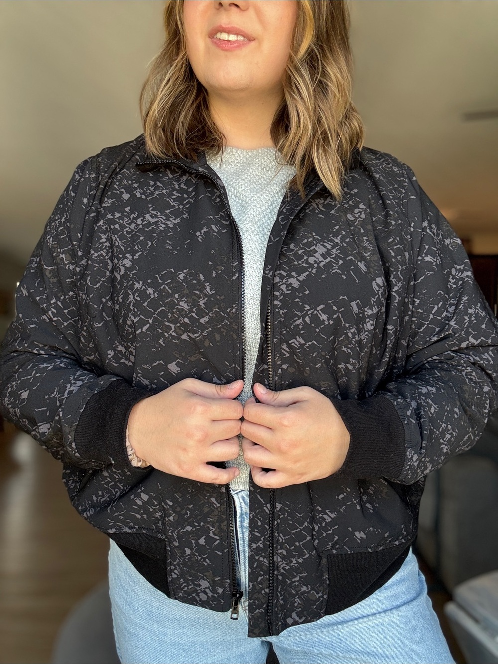 Lane Bryant Black Patterned Bomber Jacket | Size 22, Sporty Athleisure